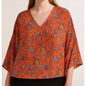 Antoine & Lili Paisley Blouse 3/4 Kimono Sleeve Paisley Orange Floral‎ V-Neck